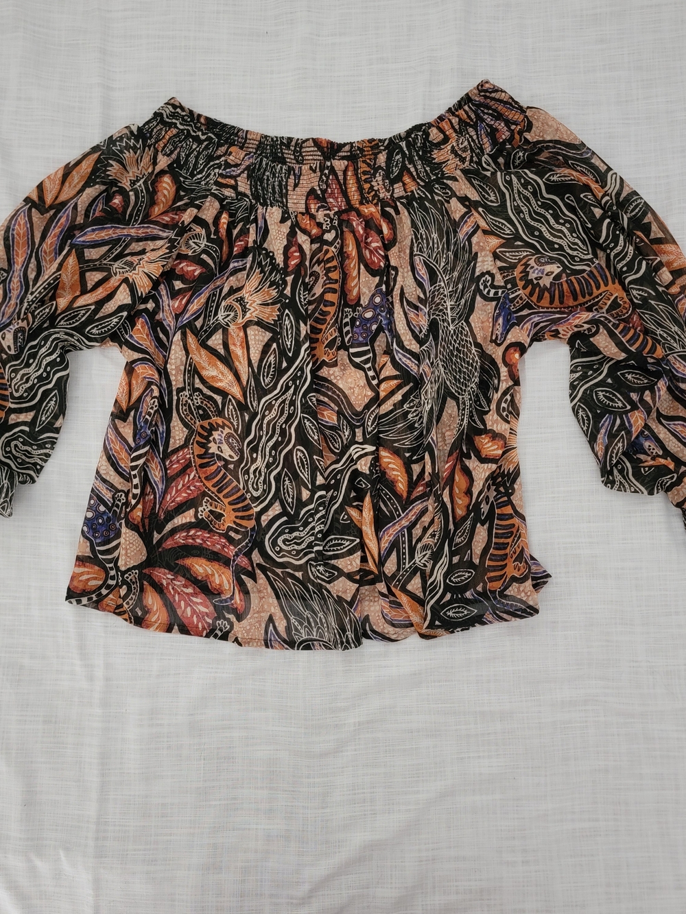 H&M Off-Shoulder Floral Blouse in Black, Tan & Purple